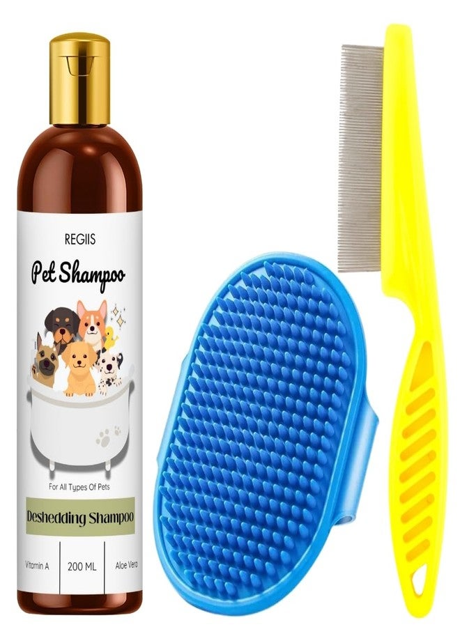 شامبو ريجيس للحيوانات الأليفة لجميع أنواع الحيوانات الأليفة، تركيبة لإزالة الشعر الزائد مع فيتامين أ والصبار، 200 مل، مع فرشاة ومشط للعناية (عبوة من 3 قطع) - Image 1